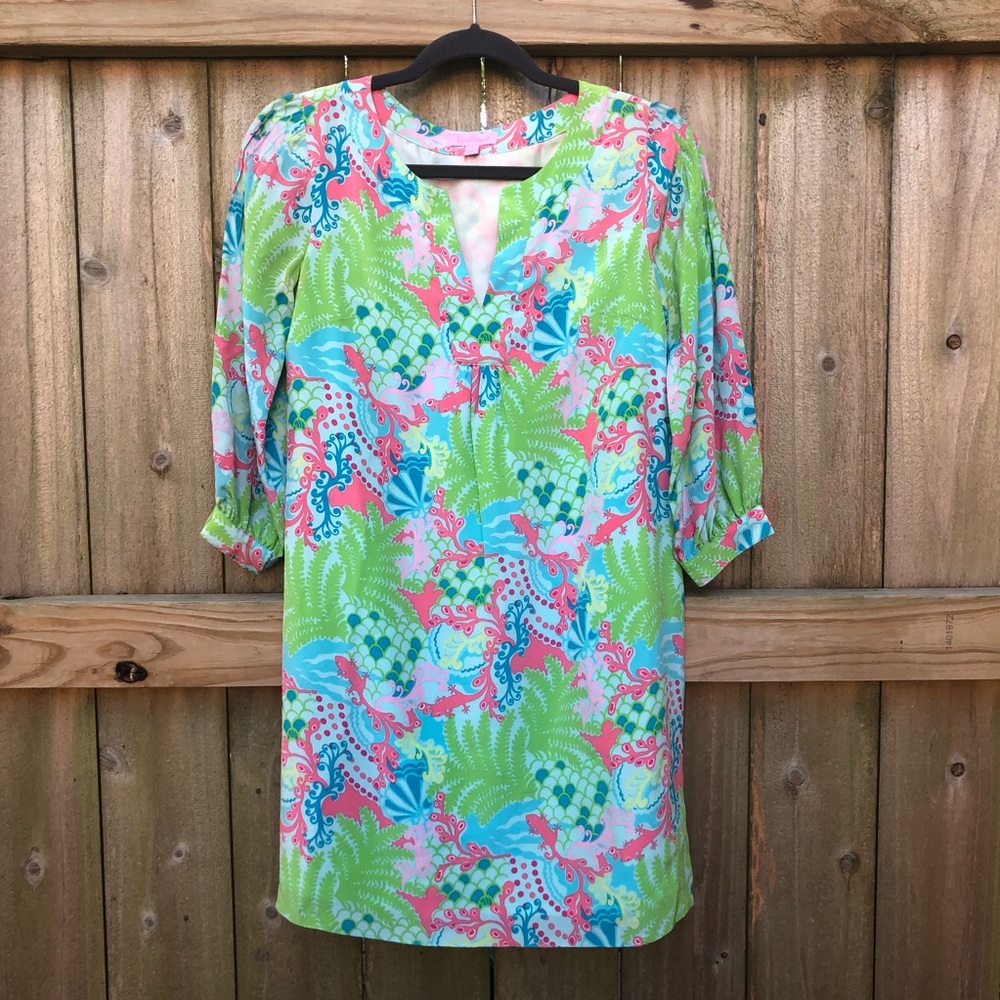 Lilly Pulitzer Silk Tunic Dress Size 0 Green Pink Gecko Leaf Print 3/4 Sleeve